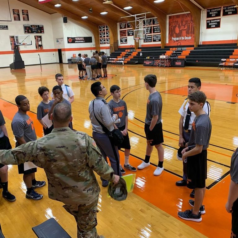 Cadets meeting on the basketball court